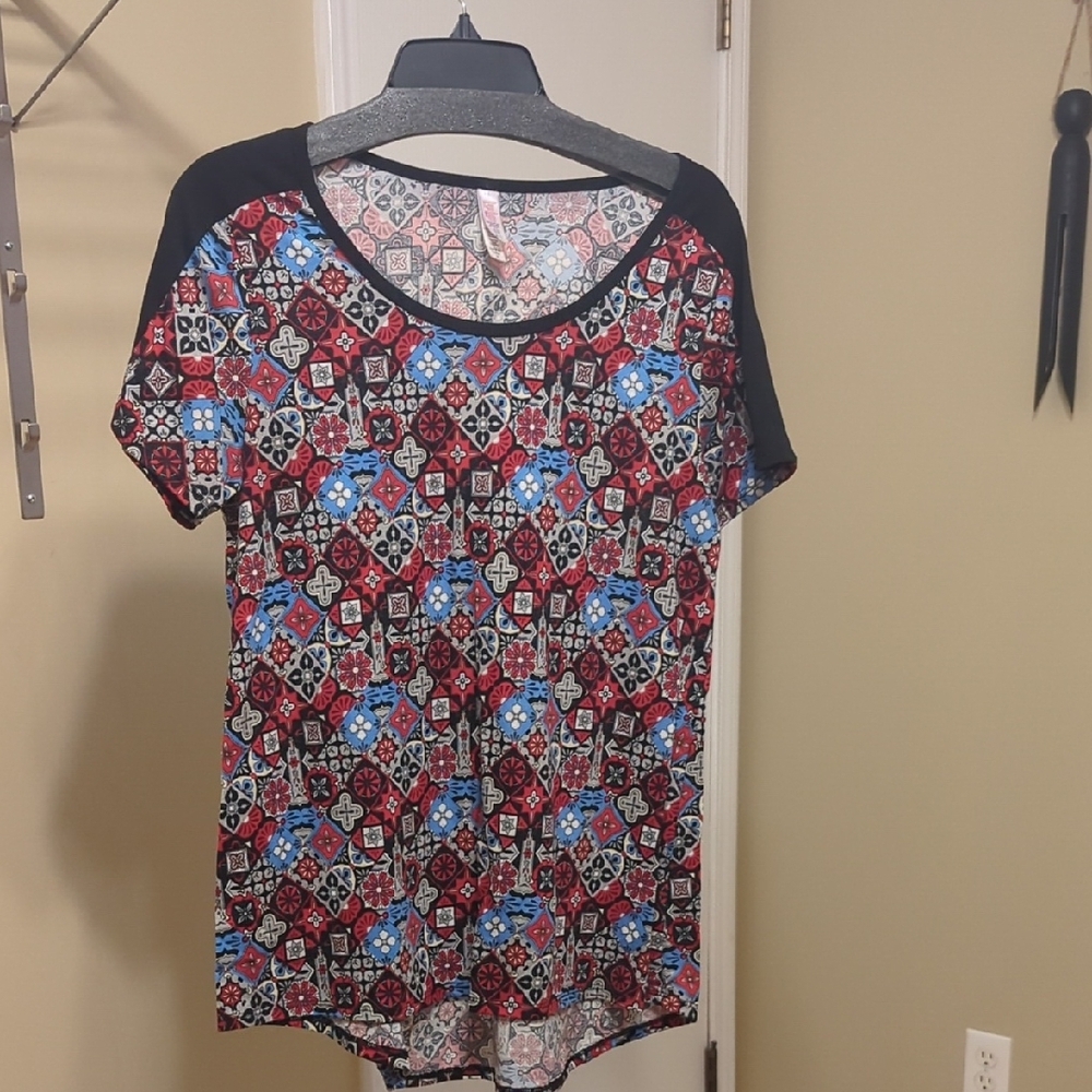 Patterned Women's Top with Black and Blue Accents